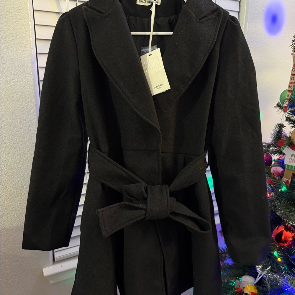 Trina Turk Black Trench Coat with Bow Belt